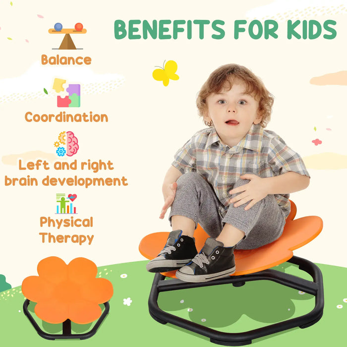 Child sitting on a balance chair with text highlighting benefits for kids