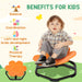 Child sitting on a balance chair with text highlighting benefits for kids