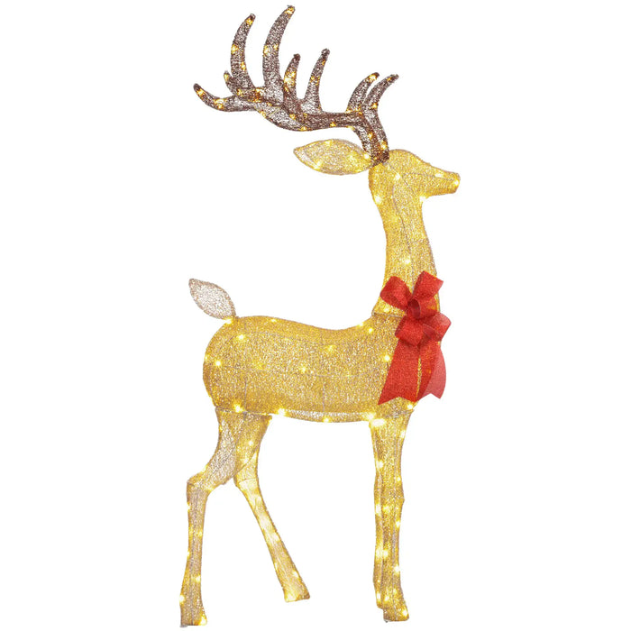Gold glittered reindeer Christmas decoration with brown antlers, yellow lights, and red bow