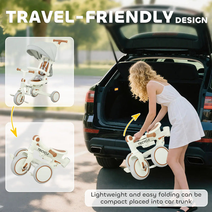 Woman placing a compact children's tricycle into the trunk of a car with text highlighting travel-friendly design.