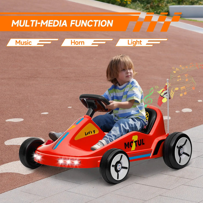 Child playing with a red toy car on a road, with text about multi-media functions.