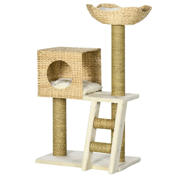Multi-level beige cat tree with wicker cubed house, ladder, and elevated bed