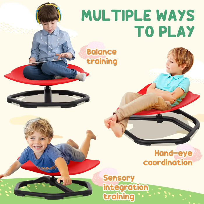 Children using a red balance chair with text indicating multiple ways to play.