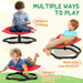 Children using a red balance chair with text indicating multiple ways to play.