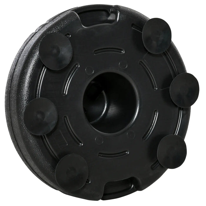 Black plastic umbrella base with suction cups and textured water-filled weight container
