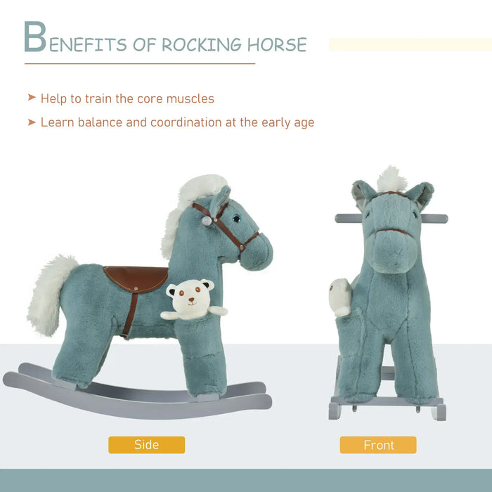 Blue plush rocking horse with brown saddle and white mane shown from side and front views