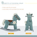 Blue plush rocking horse with brown saddle and white mane shown from side and front views
