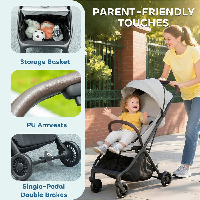 Collage of a stroller with features like storage basket, PU armrests, and single-pedal double brakes, with a parent and child outdoors.