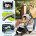Collage of a stroller with features like storage basket, PU armrests, and single-pedal double brakes, with a parent and child outdoors.
