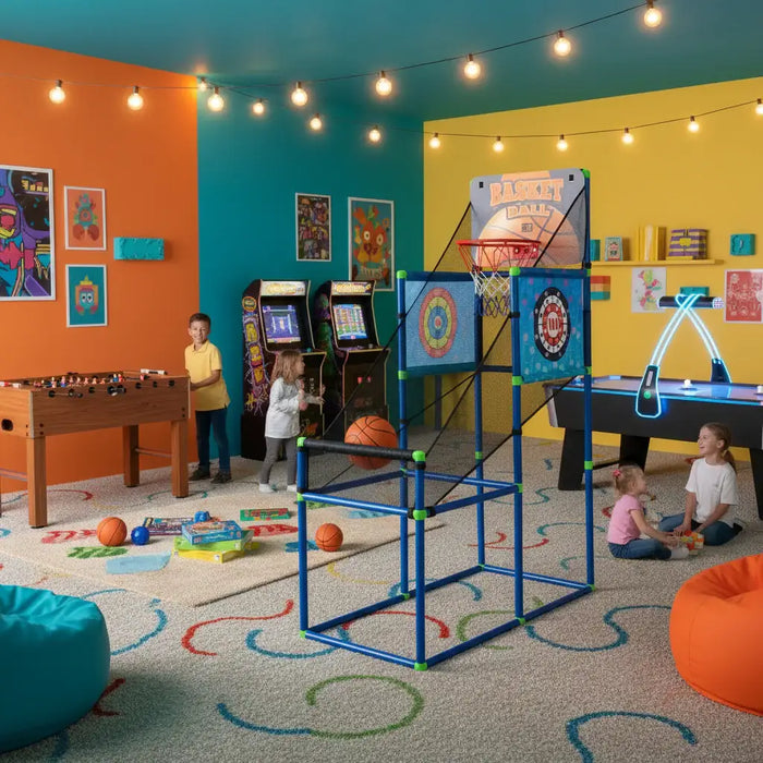 Children playing in a colorful playroom with various games and toys.