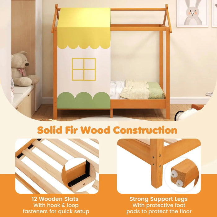 Children's wooden bed with canopy and solid fir wood construction features.