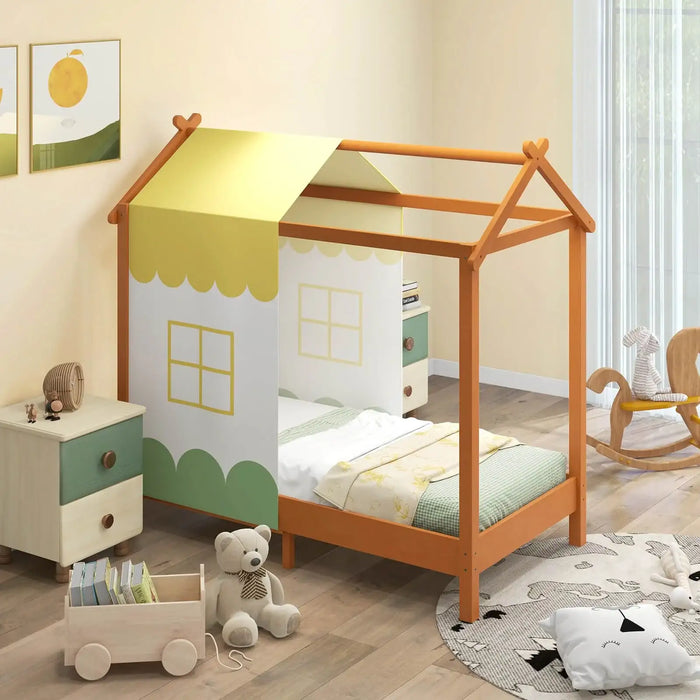 Children's room with a wooden bed resembling a house, teddy bear, and toys.