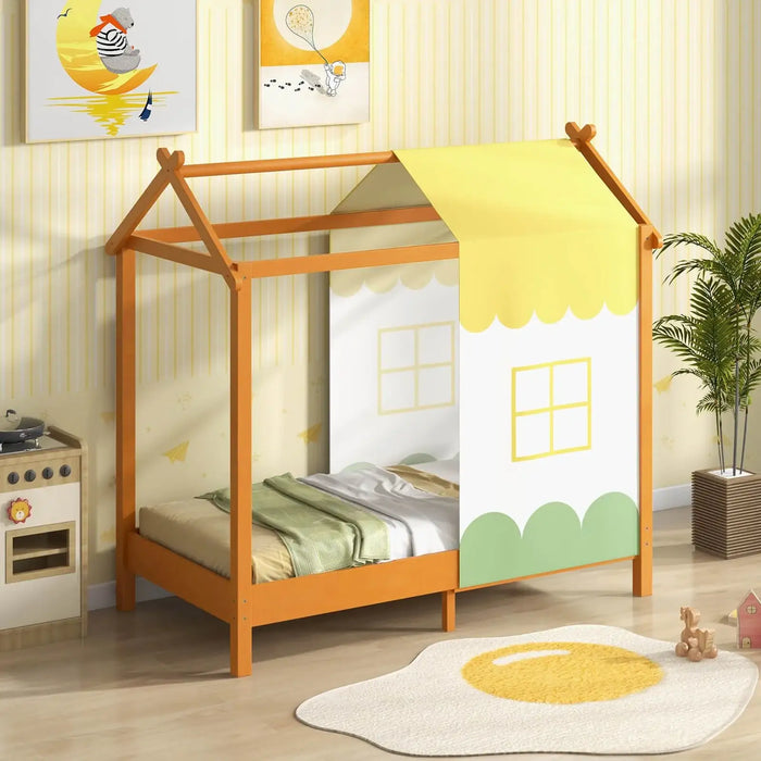 Children's bed with house design in a room setting
