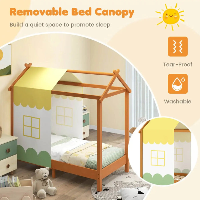 Children's bed with a removable canopy in a room setting, featuring text about its benefits.