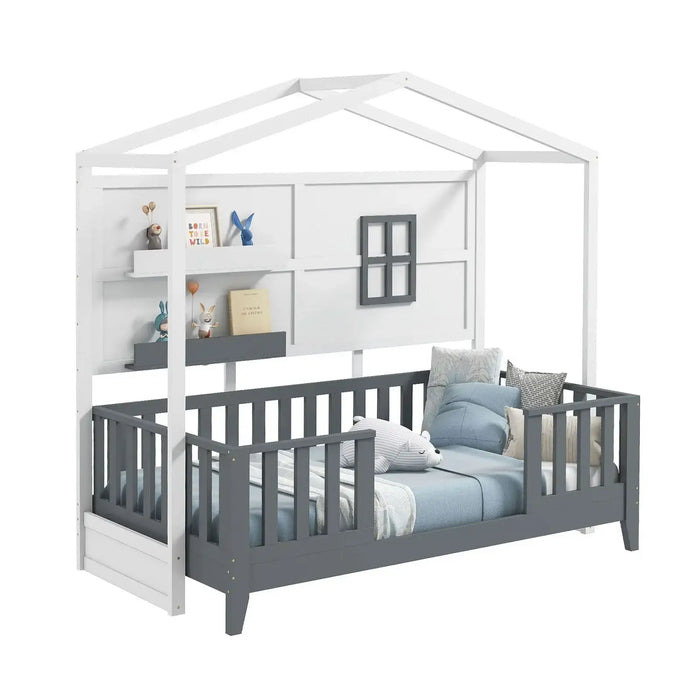 Children's bed with house-shaped canopy, gray mattress, and white walls.