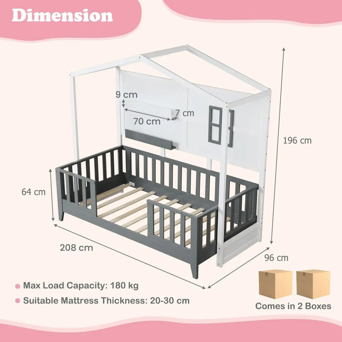 Dimensions of a children's bed with canopy on a pink background