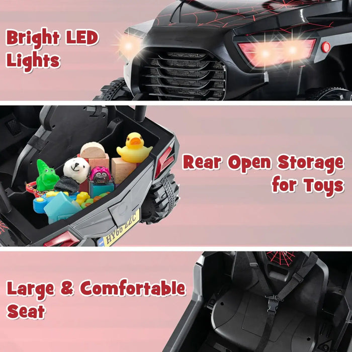 Kids ride-on car with bright LED lights, rear storage for toys, and large comfortable seat with safety belt