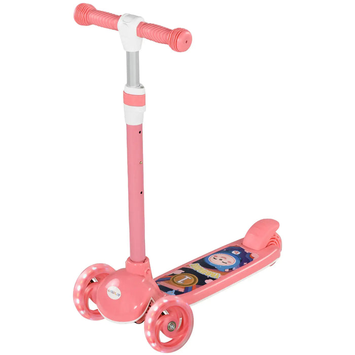 Pink children's scooter with light-up front wheels and cartoon character deck, adjustable handlebar