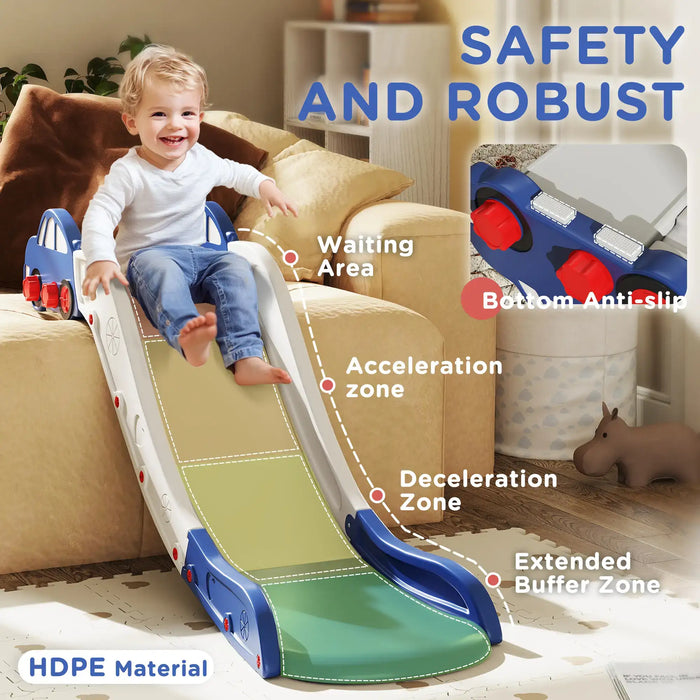 Toddler sliding down a blue and white indoor slide with safety zones labeled on a living room floor