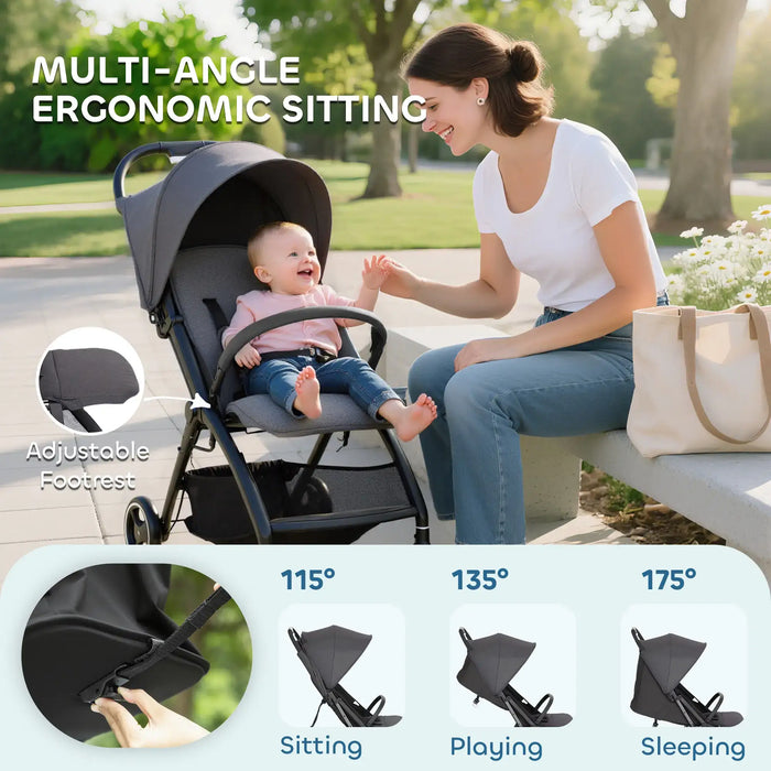 Woman and baby with a stroller in a park, highlighting multi-angle ergonomic sitting feature.