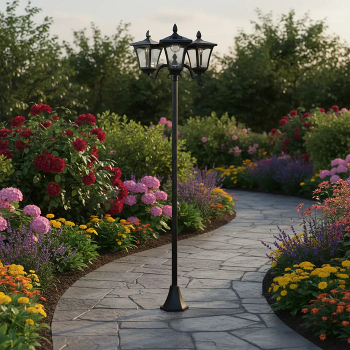 Black three-headed vintage street lamp on curved stone garden path surrounded by colorful flowers
