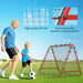 Father and son playing soccer with red steel frame soccer rebounder and high quality PE net on green field
