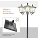 Black outdoor solar lamp post with three lanterns lighting up, solar panel charges lights for 6-10 hours