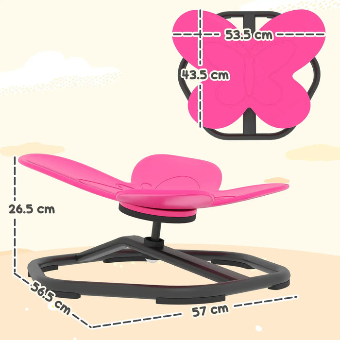 Pink butterfly-shaped seat with measurements on a beige background