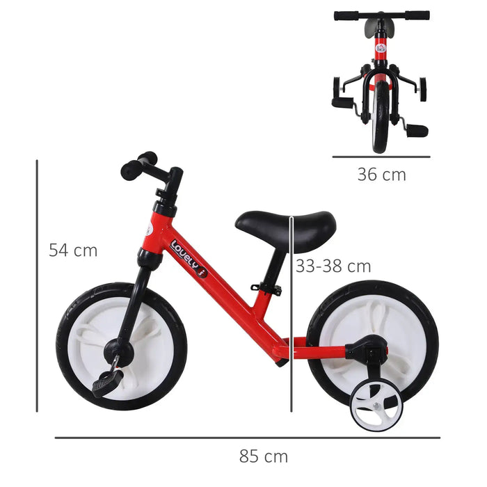 Red toddler balance bike with training wheels and black seat, showing measurements 85x54x36 cm