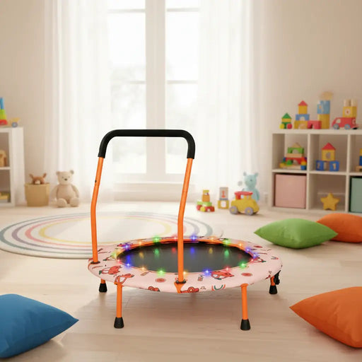 Children's trampoline with colorful lights in a room with toys and cushions.