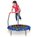 Child playing on a trampoline with colorful lights on a white background