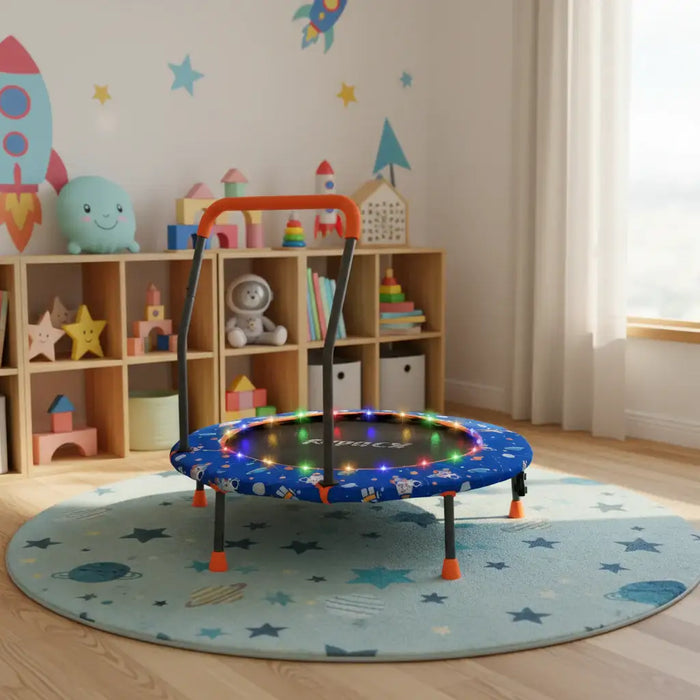 Child playing on a trampoline with colorful lights in a plush playroom