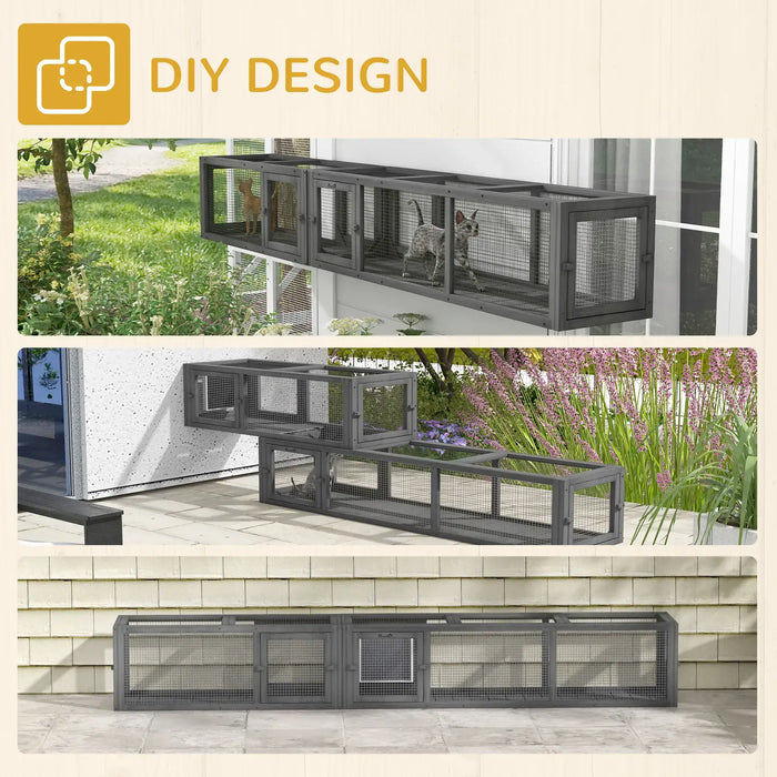 DIY design modular outdoor cat enclosures shown in three setups with cats inside mesh framed units attached to or placed near a house