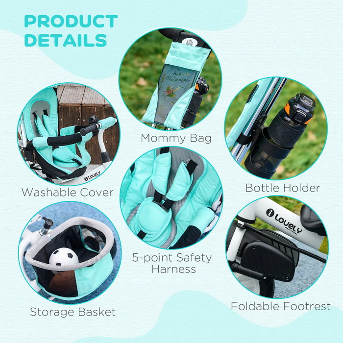 Product details of a baby stroller with various features highlighted on a light blue background.