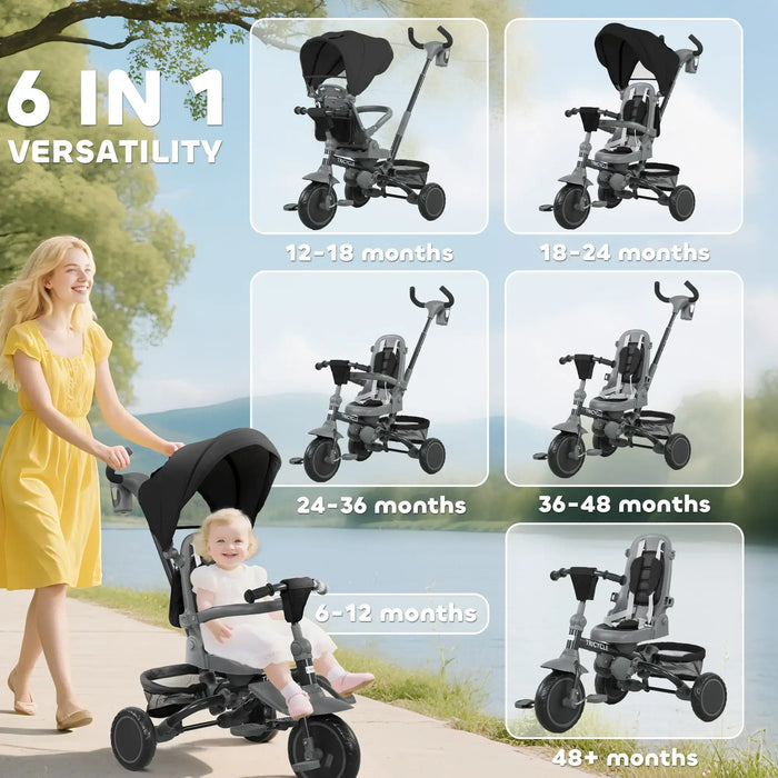 Multifunctional children's trike with various stages of use indicated, outdoors.