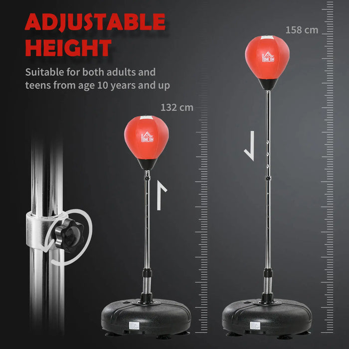 Adjustable height punching bag with red ball and black base, suitable for ages 10 and up