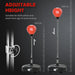 Adjustable height punching bag with red ball and black base, suitable for ages 10 and up
