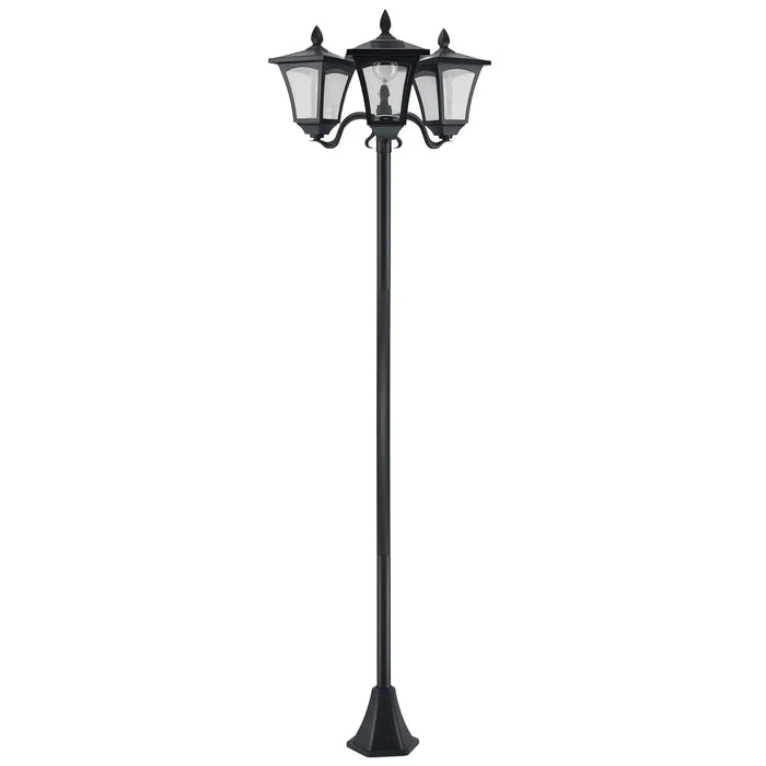 black three-head outdoor street lamp post with clear glass lanterns and pointed tops