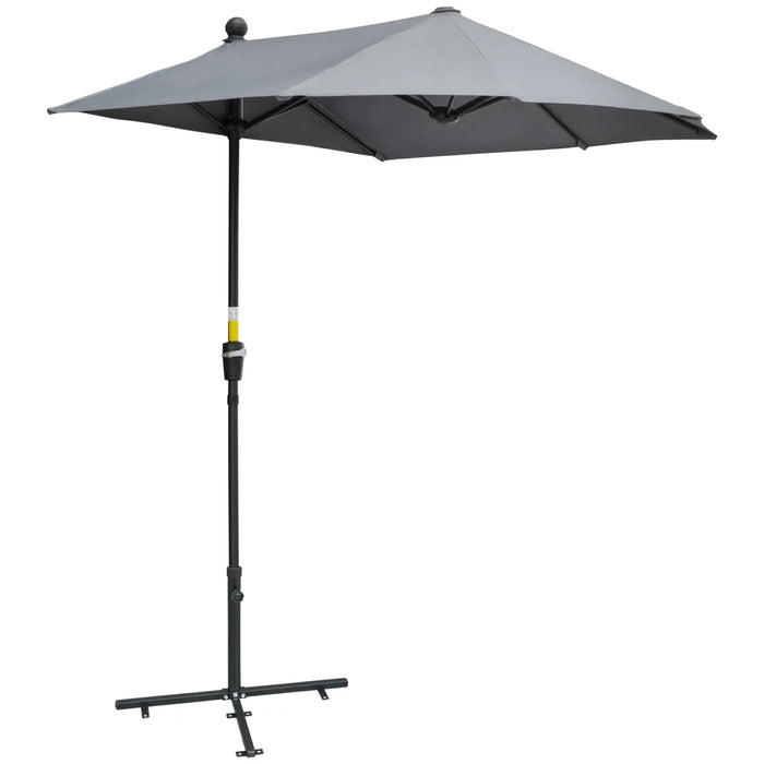 Gray patio umbrella with a black stand on a white background