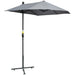 Gray patio umbrella with a black stand on a white background