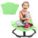 Child sitting on a green balance chair with a smile, and a close-up of the chair's seat pad.