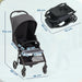 Black stroller with dimensions labeled on a light blue background