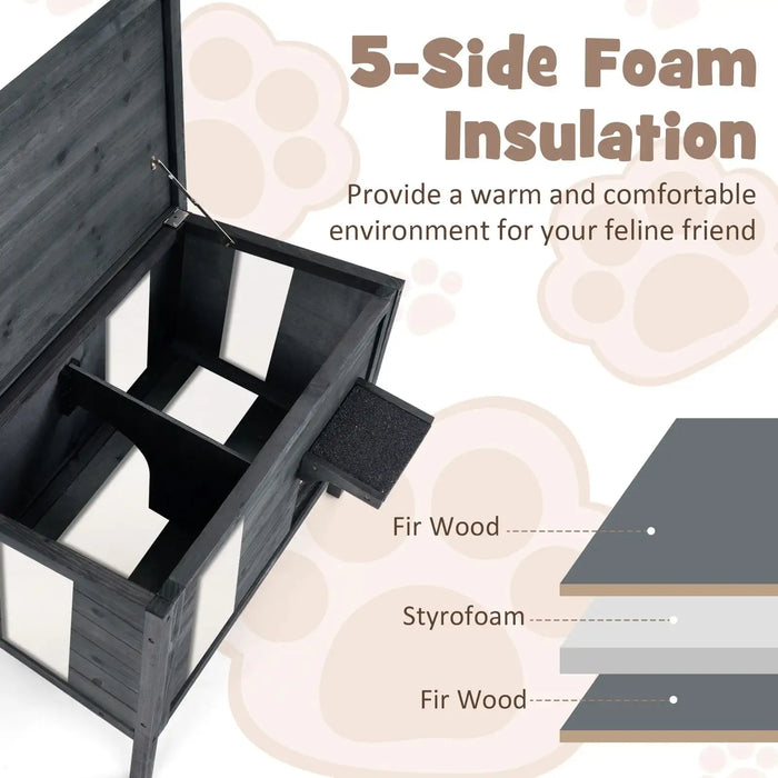 Open grey outdoor insulated feral cat house showing 5-side foam insulation with fir wood and styrofoam layers