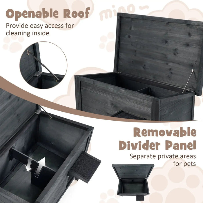 Grey outdoor insulated cat house with openable roof and removable divider panel for pets