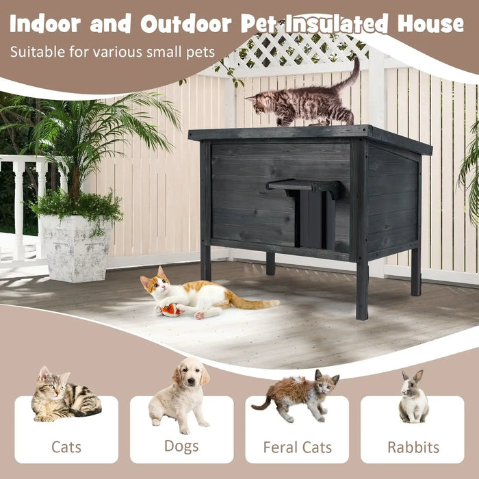 Outdoor insulated pet house in grey wood with cats and plant on patio, suitable for cats, dogs, feral cats, rabbits