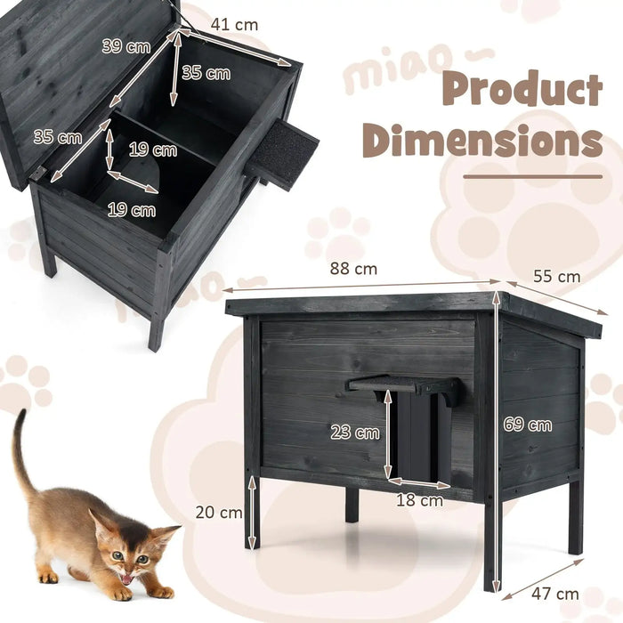 Outdoor insulated feral cat house in grey with detailed product dimensions and a kitten beside it