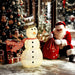 Santa Claus with red sack beside illuminated snowman decoration near Christmas tree with ornaments