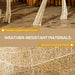 Close-up of glittery decorative structure legs on wooden floor with weather-resistant materials text