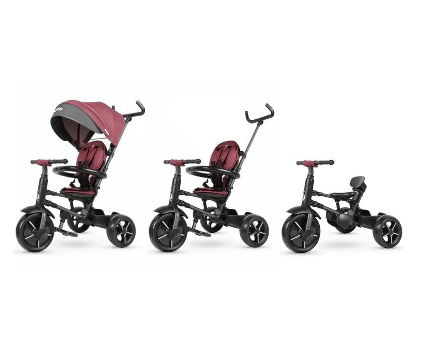 Three stages of a children's tricycle with a maroon seat on a white background
