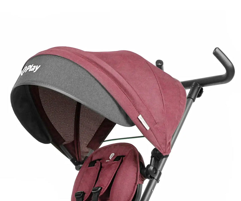 Maroon and gray stroller with 'O+Play' branding on a white background